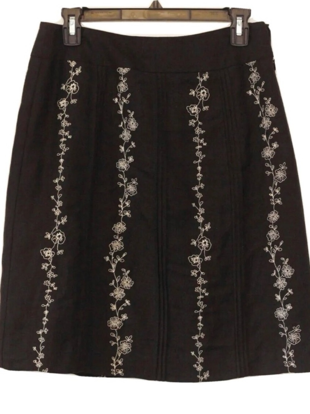LOFT Black A-Line Skirt with White Floral Embroidery